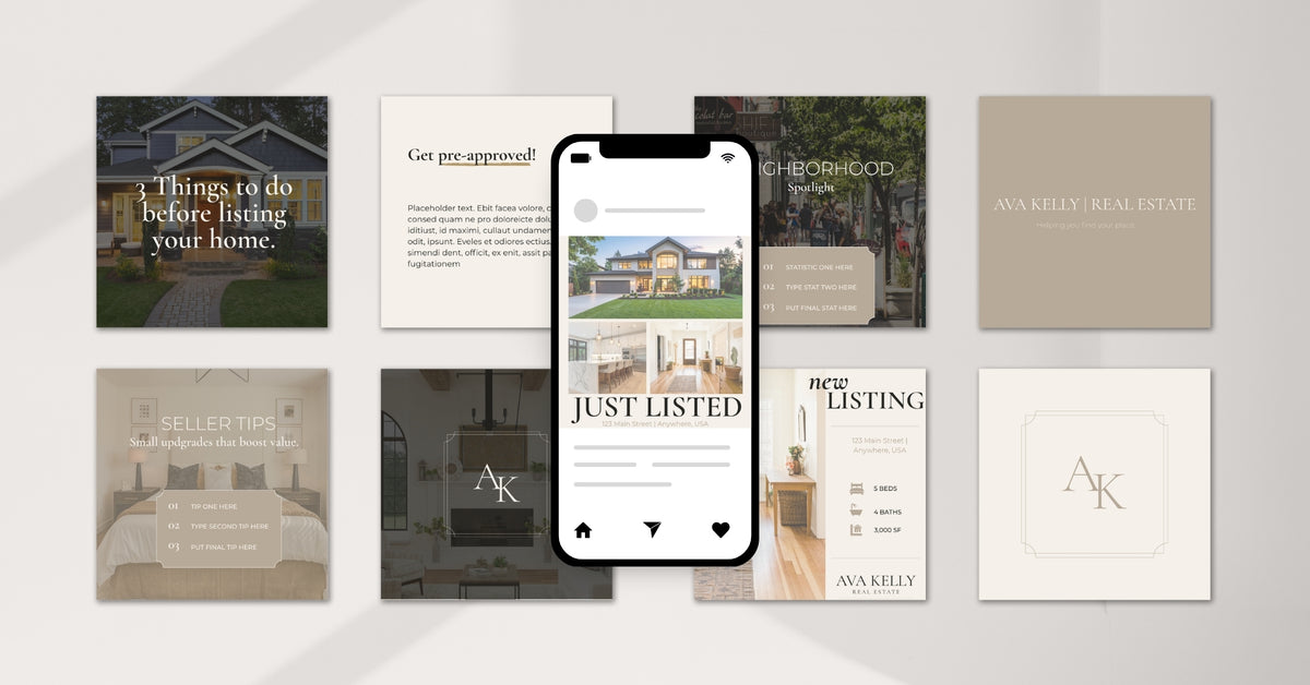 A digital mockup displaying a set of real estate social media templates and a mobile phone screen. The templates feature neutral beige, white, and dark gray designs with placeholder text and home imagery.