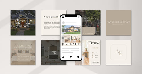A digital mockup displaying a set of real estate social media templates and a mobile phone screen. The templates feature neutral beige, white, and dark gray designs with placeholder text and home imagery.