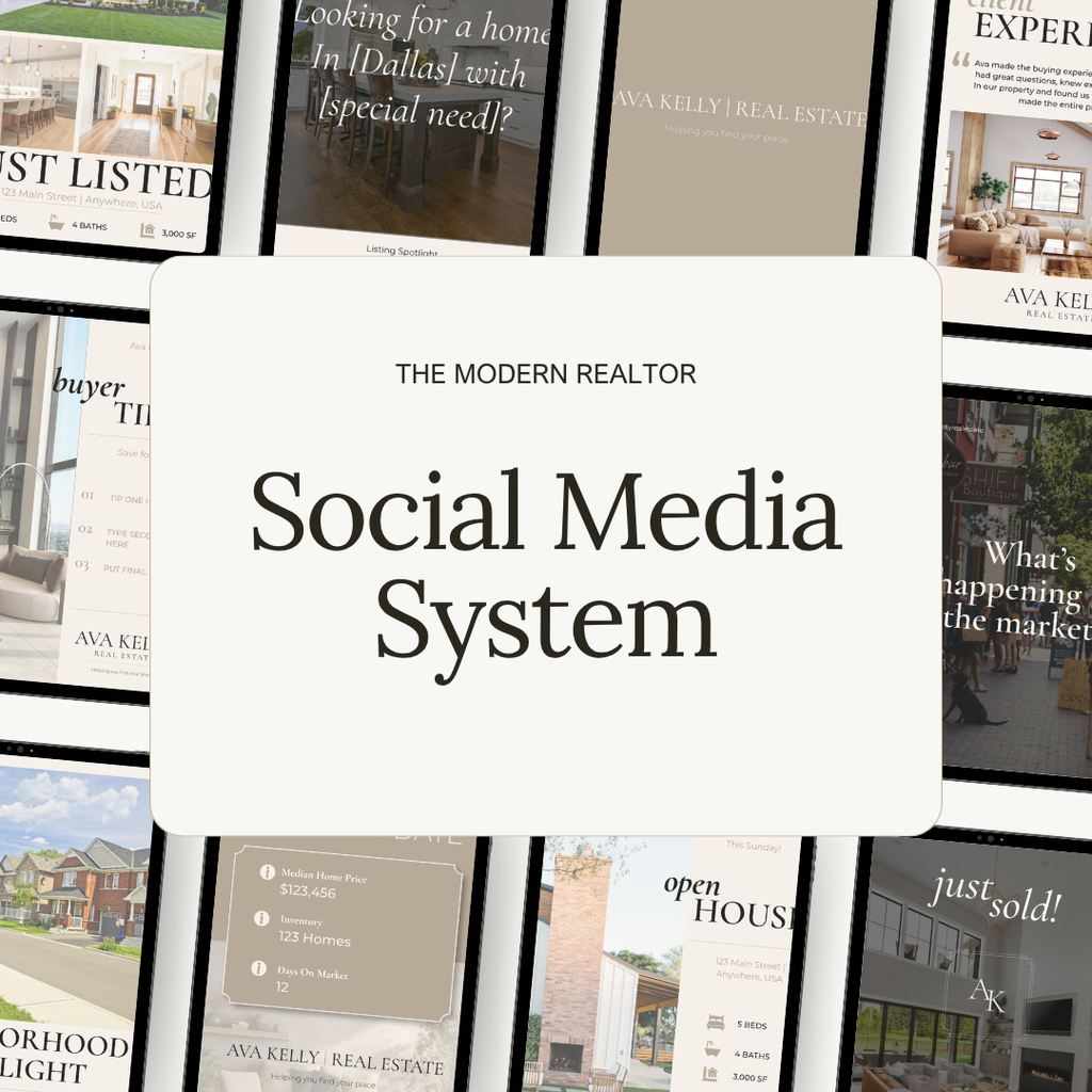 A promotional graphic for 'The Modern Realtor Social Media System' featuring a large central white card with black text, surrounded by a collage of social media post templates and real estate marketing layouts.