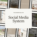 A promotional graphic for 'The Modern Realtor Social Media System' featuring a large central white card with black text, surrounded by a collage of social media post templates and real estate marketing layouts.