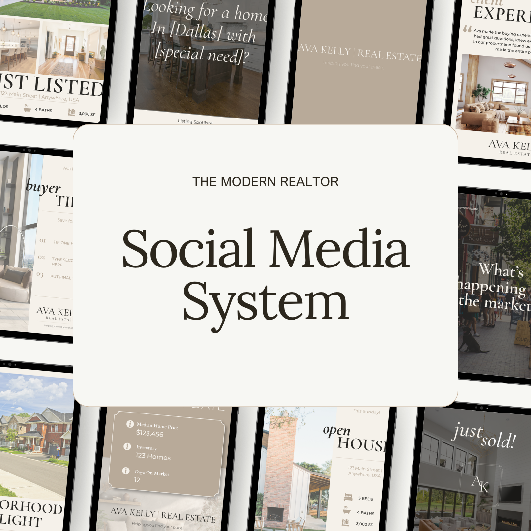 A promotional graphic for 'The Modern Realtor Social Media System' featuring a large central white card with black text, surrounded by a collage of social media post templates and real estate marketing layouts.