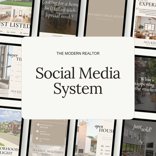 A promotional graphic for 'The Modern Realtor Social Media System' featuring a large central white card with black text, surrounded by a collage of social media post templates and real estate marketing layouts.