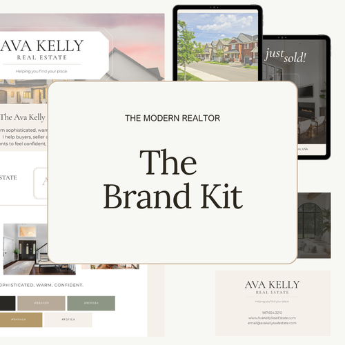 A promotional collage for a real estate brand kit, with a large central cream card reading 'The Brand Kit' and surrounding mockups of website, tablet, and phone screens showing real estate branding and design elements. The visible text includes 'AVA KELLY REAL ESTATE' and 'The Modern Realtor'.