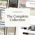 A promotional graphic for 'The Complete Collection' by The Modern Realtor, featuring a large central white rounded rectangle with black text over a collage of real estate website screenshots and house photos.