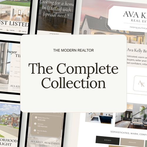 A promotional graphic for 'The Complete Collection' by The Modern Realtor, featuring a large central white rounded rectangle with black text over a collage of real estate website screenshots and house photos.