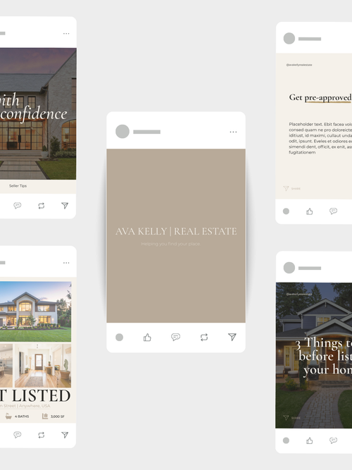 A digital mockup displaying a minimalist real estate social media or website template. The central, most prominent element is a vertical post with a warm beige background and the text 'AVA KELLY | REAL ESTATE'.