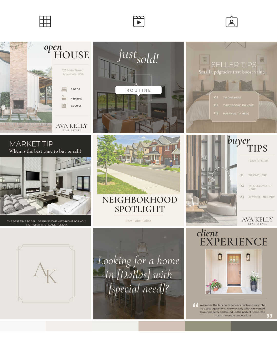 A 3x3 grid of real estate social media templates and marketing graphics on a beige background, featuring text like 'open HOUSE', 'just sold!', 'SELLER TIPS', 'MARKET TIP', 'NEIGHBORHOOD SPOTLIGHT', 'buyer TIPS', and 'client EXPERIENCE' with various home and interior photos.